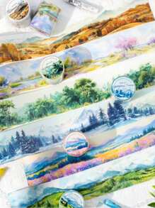 1 Rollo de cinta decorativa con temática de paisaje de Glitter Crepuscular PET, Serie de escenas de montañas y mares para scrapbooking y manualidades, para todas las estaciones