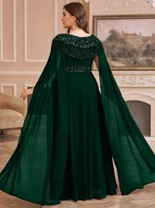 SUPGIR 加大甜心领奢华亮片雪纺拼接连衣裙、派对礼服、婚礼宾客礼服、正式礼服、晚礼服、长袍 - 墨綠色 - 查看 2