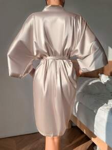 1pc Women Solid Color Elegant Tie-Up Autumn/Winter Robe, Sexy Short Satin Silk Comfortable Morning Gown, Suitable For Bridal, Bridesmaid, Home Use, Vacation