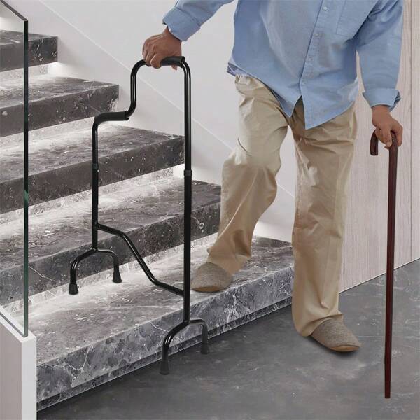 Quiltern Adjustable Climbing Stair Assist Cane With Four Anti-Slip Feet-Elderly Walking Aid With Height-Adjustable Handle And Aluminum Shaft