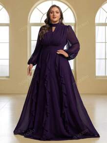 YISIKADO Plus-size pofmouwen, opstaande kraag, uitgesneden, geplooide lantaarnmouwen, bescheiden damesjurken, bruiloftsgasten, formele en avondfeesten, jurken, avondjurken
