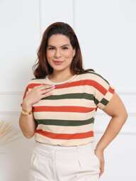 Blusa Plus Size Listrada Manga Curta Dobrada Japonesa Viscolycra G1