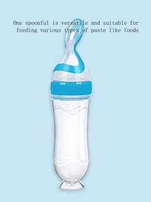 1pc Baby Food Squeeze Bottle, Silicone Infant Feeding Bottle With Spoon, Children Complementary Food Feeder, Suitable For Puree, Unisex Pink/Blue - Blue - View 4