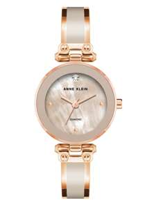 Anne Klein ساعة سوار ذهبية وردية اللون بحجر كوارتز للنساء، ساعة فاخرة مرصعة بالماس مع قرص من صدف اللؤلؤ الوردي الفاتح، ساعة أنيقة للاستخدام اليومي، هدية ساعة أنيقة للسيدات، AK/1980BMRG