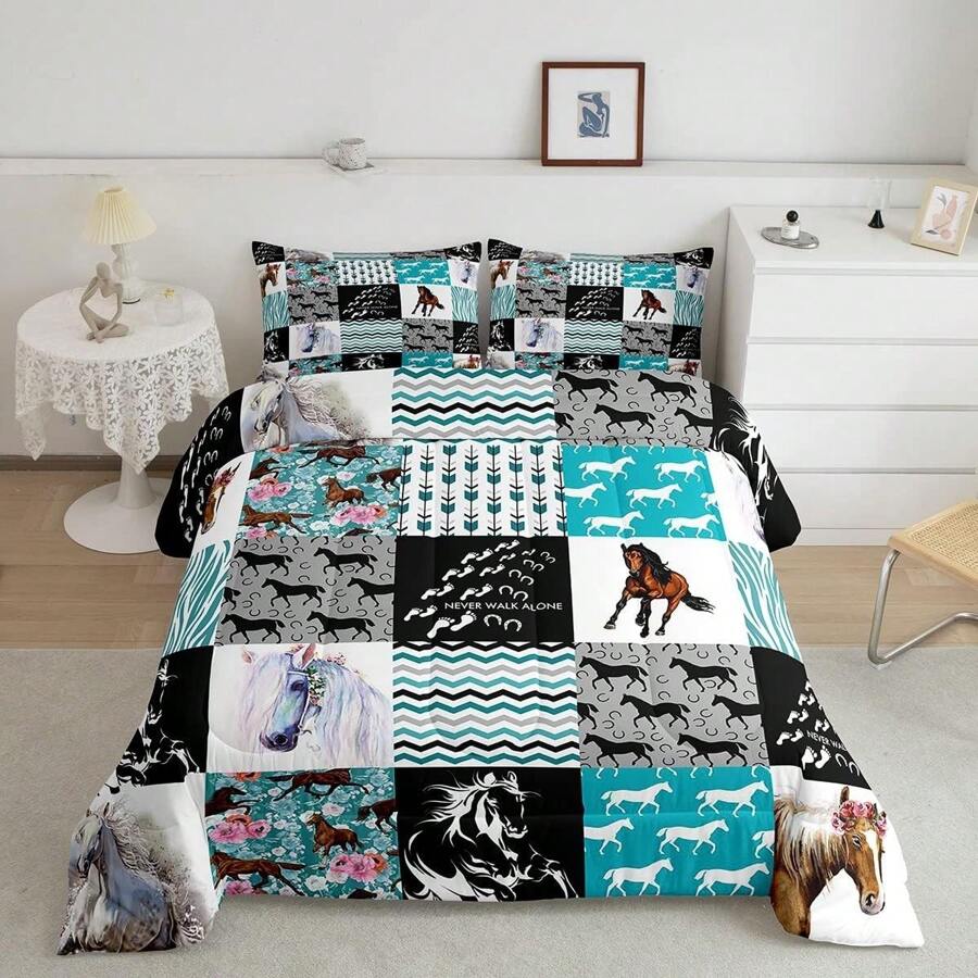 Erosebridal - Juego de edredón estilo western de 2 o 3 piezas, diseño de vaquera, vaquero, desierto, estilo americano, con bocetos dibujados a mano, decoración rústica para dormitorio, juego de edredón para adolescentes, jóvenes y adultos, regalo de cumpleaños - Celeste - Ver 1