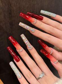 10 stuks super glanzende rode glitter extra lange pers op nagels, waterdruppelvorm strass versierde sexy godinnennagels met rode gradiënt, schattig en elegant, niche-ontwerp hoogwaardige artistieke nagels (willekeurige verpakkingskaart)