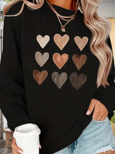 Moletom Feminino Gola Careca Plus Size Preto Modelo: "Coraçõezinhos Diversos" - Promoção 2025