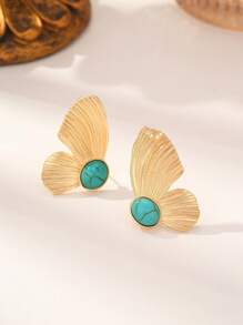 1 Pair Gold-Tone Butterfly Stud Earrings Inlaid With Natural Turquoise, White Turquoise And Malachite, Elegant And Versatile Earrings Suitable For Evening Parties And Everyday Wear, Symbolizing Hope And Good Wishes As A Fashion Accessory For Women