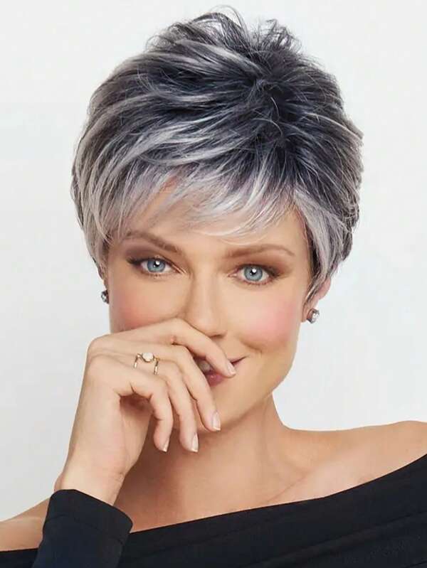 Women's Fashion Natural Mixed Gray 10 Inch Synthetic Fiber Short Curly Wig With Side Bangs, Suitable For Daily Wear, Festivals, Costume Parties