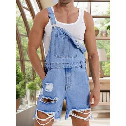 Men's Denim Shorts Bib Overalls Casual Loose Fit Walkshort Button Pockets Summer Jumpsuit