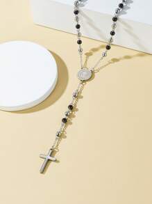 1pc 6mm Stainless Steel Gold-Color Rosary Necklace With Minimalist Cross Pendant, European & American Fashion Style