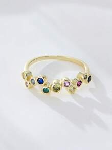 1 pieza Anillo de plata de ley 925 con circonita de colores, anillo de lujo minimalista con declaración de arcoíris al estilo europeo y americano