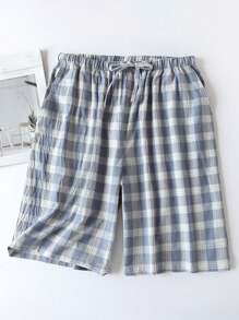 3 pièces/set Short de détente d'été confortable pour hommes, taille élastique réglable, imprimé à carreaux, avec poches, convient comme vêtement de nuit ou décontracté