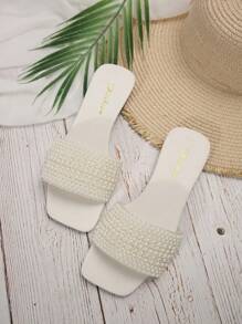 Plus Size Women's White Flat Faux Pearl Decorated Sandals With 5 Sizes Of Gradient Faux Pearl, Comfortable, Casual, Non-Slip, Size 35-43 Valentines