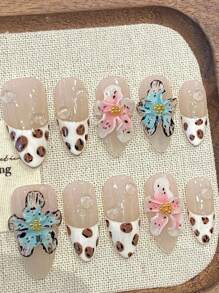 10pcs Ins Style Colorful Floral & Leopard Print Press-On Nails, Exquisite 3D Flower Design, Cute & Chic, Suitable For Resort, Handmade, Welcome Custom Order, Lovely & Elegant Artificial Nails (Packaging Card Random)