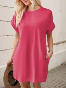 hoteel Basic Minimalist Pure T-Shirt Mini Dress With Pockets, Casual Street Style Idea To Daily Wear, Woman Clothes - 薔薇色 - 查看 5