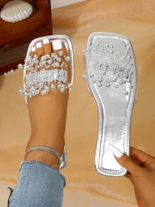 Women's Shimmering Sequin Embellished Flat Slippers, Lightweight Casual Summer Beach Sandals