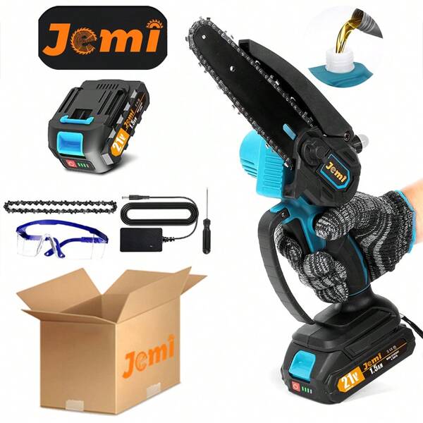 jemi Jemi Tool Mini-Kettensage Akku 6 Zoll mit 1/2x21V Akku, Leistungsstarke ElektrischeKleine Hand Kettensage mit Automatischer Kettenschmierung, Leicht, 2.2 Pfund,Handgeführt, Einfach zum Beschneiden, Schneiden, Trimmen