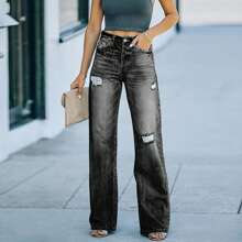 Women Ripped Denim Washed Jeans Multi-Pockets High Rise Straight Leg Full Length Pull-On Trousers - Black - View 4