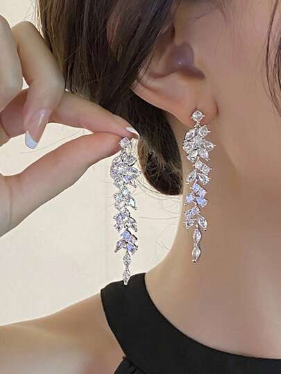 1 Pair Elegant Luxurious Crystalline Leaf Design Dangle Earrings, Suitable For Formal Events, Parties, Weddings