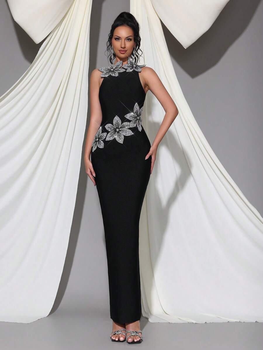 New Sexy Sleeveless Round Neck Elegant Handmade Beaded 3D Floral Diamond Slim Maxi Bandage Dress, Bridesmaid Gown For Wedding, Formal Party, Elegant Evening Dress For Ladies - Black - View 1
