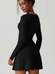 Cuello cuadrado de las mujeres corsé de manga larga Slit Flare Mini Vestidos - Negro - Ver 2