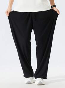 Plus Size Black Silk-Like Casual Pants, Solid Color With Draping, Suitable For Summer - Black - View 5