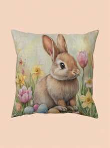 Easter-Themed 4pcs Pillowcase Set, Rabbit And Floral Design, Soft Polyester, Zipper Closure, Suitable For Various Room Types - No Insert Included, Skin-Friendly, Living Room Sofa