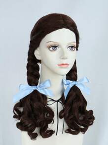 棕色中长双编织角色扮演假发带蓝色蝴蝶结，女士游戏角色假发适用于万圣节派对服装学校狂欢节音乐会度假摄影主题活动动漫展日常穿着和 1 件假发帽 - 棕色 - 查看 5