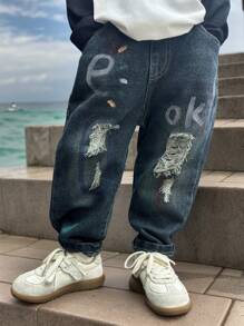 Young Boys Autumn Ripped Graffiti Print Denim Jeans - Blue - View 9