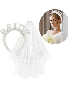 1 bucată voal cu perle pentru cap, decorare cu litere de mireasă, cu perle, cu voal, accesorii pentru păr, bentită cu perle pentru mireasă, voal pentru petrecere pentru burlac, pentru nuntă, decorațiuni pentru petreceri, accesorii pentru mireasă