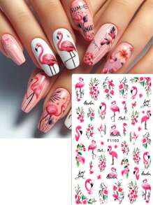 2 件装粉色火烈鸟龟背花指甲贴纸竹子绿叶动物春夏美甲贴花自粘指甲饰品装饰
