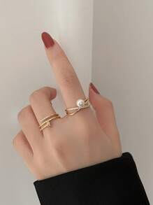1pc Bridal Bridesmaid Ring With Adjustable Open Design & Cross Rhinestone & Faux Pearl Decoration, Gold Vintage