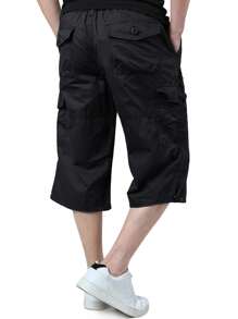 Hombre Algodón Senderismo Capri Shorts Casual Street 3/4 Largo Verano Cargo Cropped Pants Ligero Debajo Rodilla Corto Pantalones Con 7 Bolsillos, Negro