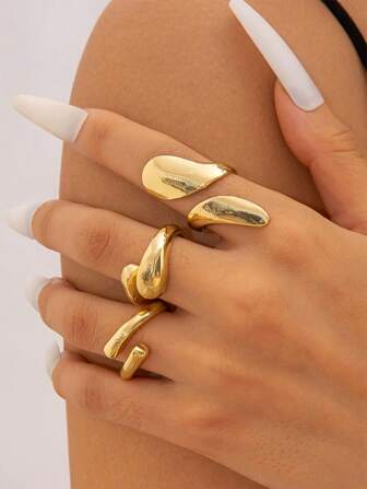 3pcs Fashionable Asymmetrical Geometric Smooth Open Rings, Suitable For Women's Daily Wear