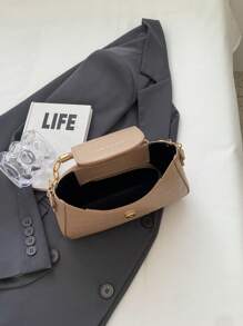 女士手提包 高品质 PU 皮革扶手翻盖单肩包 精美石纹女士斜挎包 - 卡其色 - 查看 7