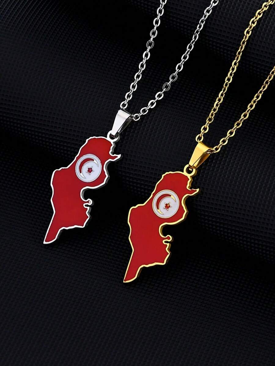 1pc Stainless Steel Tunisian Map Pendant Necklace, Personalized Oil Drop For Couples - Multicolor - View 1