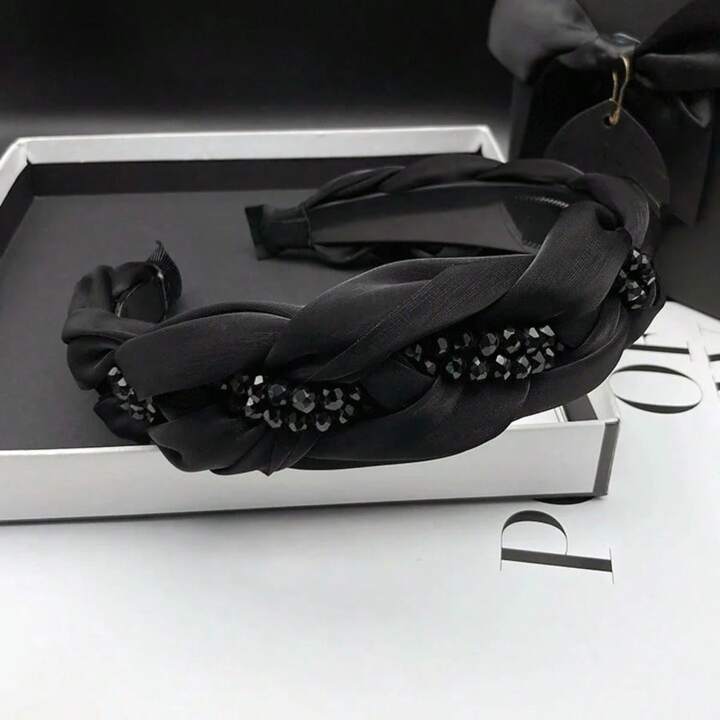 新しいオーガンザ編み込みヘッドバンドブラッククリスタルヘア