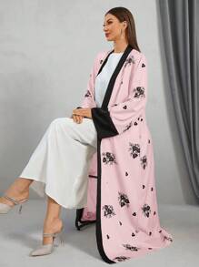 Women's Elegant Floral Print Colorblock Belted Abaya, Vacation Long Boho Modest Robe - Pink - View 3