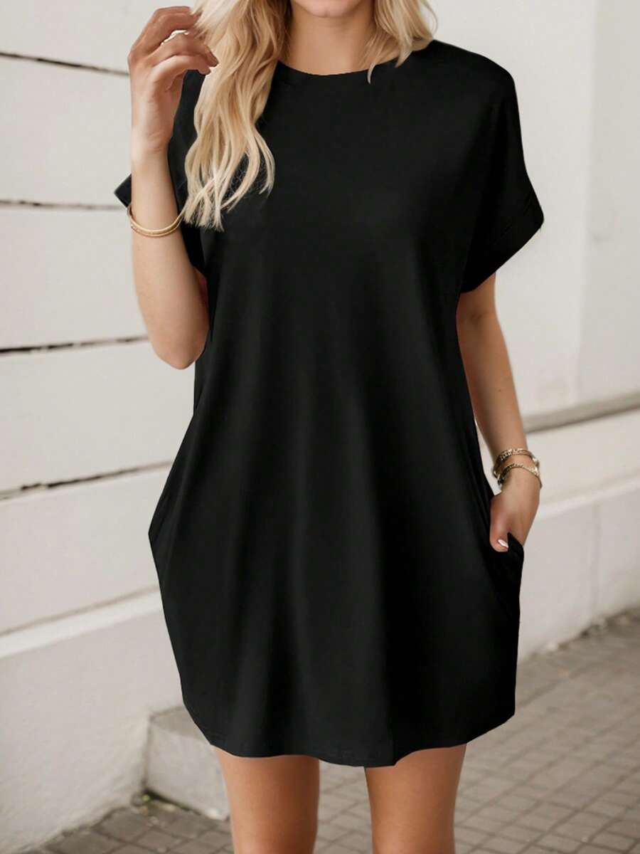 hoteel Basic Minimalist Pure T-Shirt Mini Dress With Pockets, Casual Street Style Idea To Daily Wear, Woman Clothes - màu đen - Xem 1