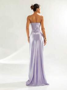 LONG PARTY DRESS WEDDING LAUNCH GODMOTHER FASHIONISTA STRAPLES WITH SLIT - Lilac Purple - View 2
