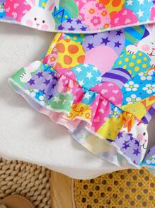 2pcs/Set Young Girl Cute Rabbit & Egg Print Loose Camisole Top + Rabbit & Egg Print Ruffle Hem Shorts, Sweet Casual Outfit Suitable For Daily Wear, Outdoor, Easter Party, Vacation, Spring/Summer