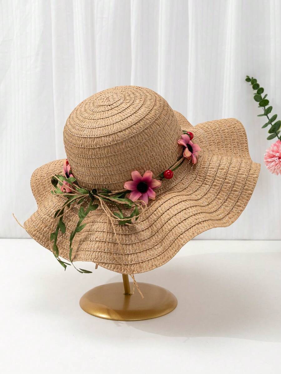 1 件女童米色波浪边太阳帽，带花卉蝴蝶结装饰，波西米亚风格，适合夏季户外活动、海滩度假、日常穿着、母女搭配 - 花環波浪草帽 - 查看 1
