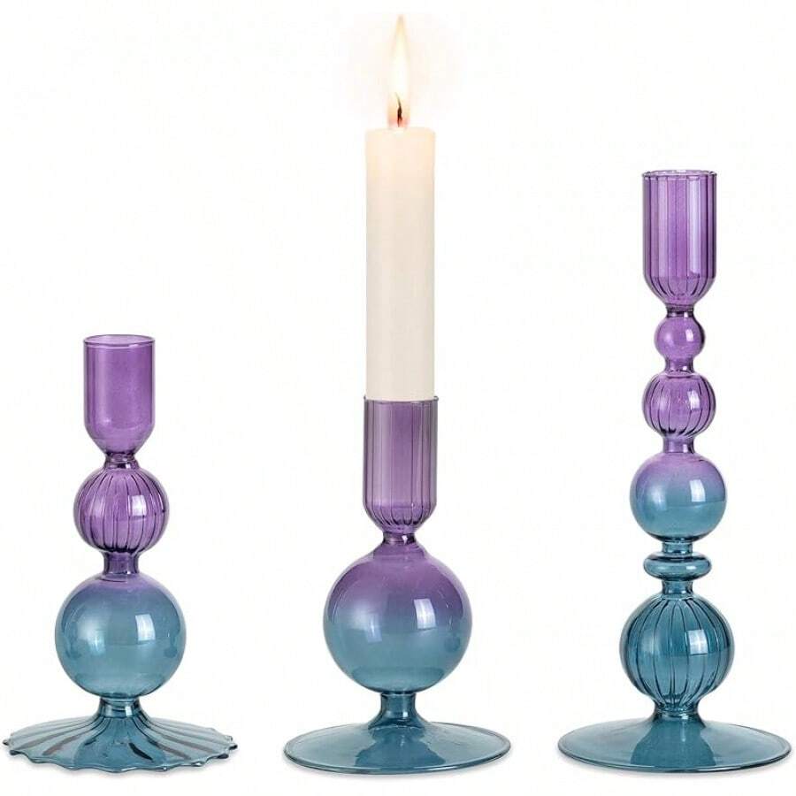 Portavelas de vidrio de colores: Juego de 3 portalámparas para velas rectas en degradado azul y morado, portalámparas modernos y únicos para centro de mesa, bodas y decoración del hogar - Degradado púrpura azulado - Ver 1