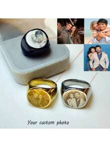 [Daily Comfort] Customized Engraved Photo Ring - Stainless Steel Memorial Jewelry For Men, Available In Black And Gold, Ideal For Birthday, Graduation, Christmas Gift, Spouse, Family, Friends