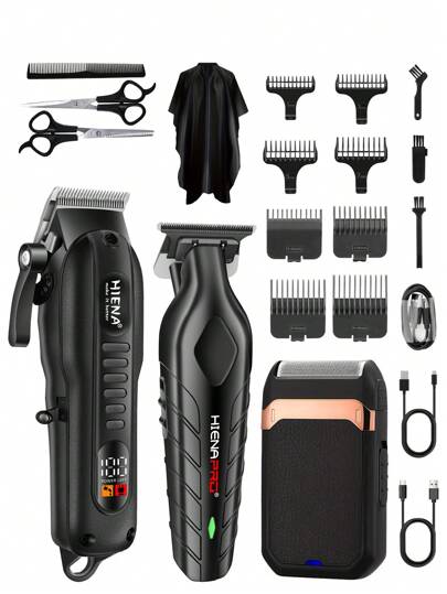 HIENA HIENA Professional Men's Haircut And Shaver Set - 3pcs/2pcs/1pc Option, USB Rechargeable Cordless Haircutting Tools With LED Display, Lithium Battery, Mini Clipper, Suitable For Beginner Barbers And Home Use, Great Gift For Festivals