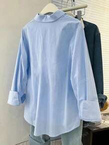 Camicia da donna oversize di moda semplice e casual, tinta unita, con colletto alla coreana e bottoni