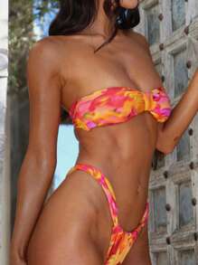 Women Bikini Set, Flower Print Tube Top With Low Waist Briefs Bathing Suit 2-Piece Swimsuit - 橘色 - 查看 1