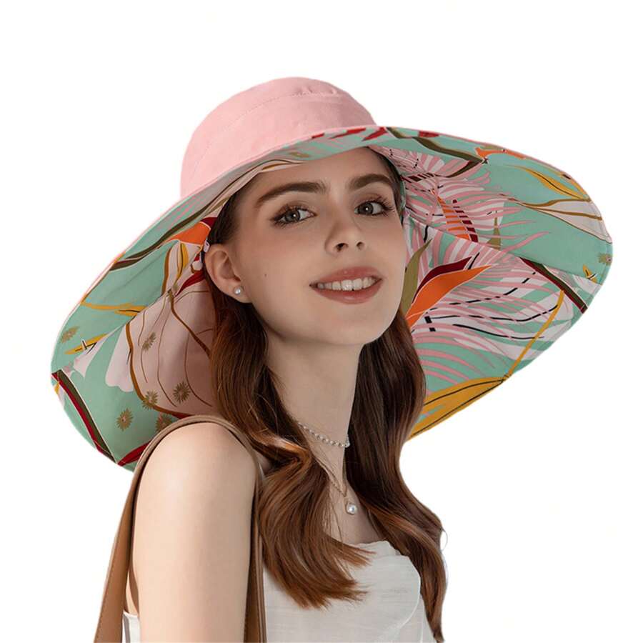 Women's Sun Hat Plant Pattern Double-Sided Wearable Stylish Foldable ...