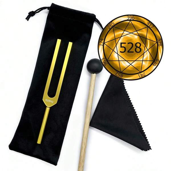 1 set Tenedores de afinación de color dorado de 528 Hz para reparación de ADN, frecuencias Solfeggio, con martillo de silicona, paño de limpieza y sonidos ambientales relajantes para alinearse con la frecuencia del amor - Regalo